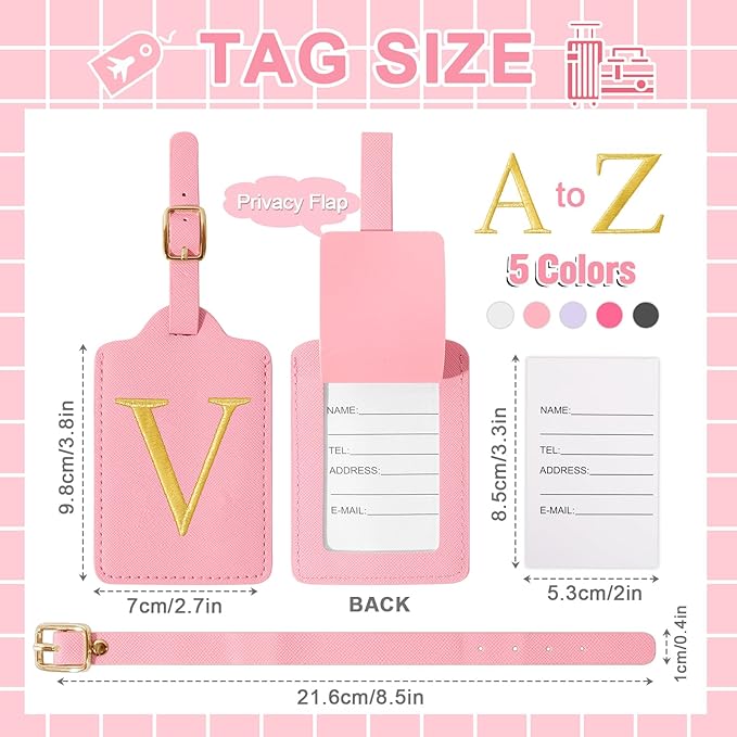 Personalized Initial Luggage Tags for Suitcase, Pink Leather Cute Luggage Tags with Privacy Cover Name Card, Embroidered Custom Monogrammed Luggage Tag Travel Bag Baggage Tags Gifts for Women Kids(V)