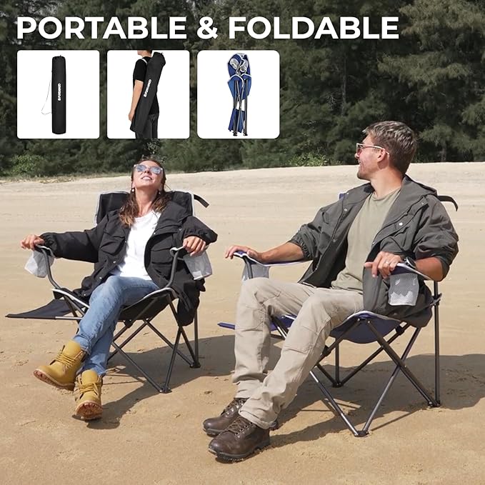 FUNDANGO Folding Camping Chair with Table, Portable Heavy Duty Outdoor Padded Chairs for Adults with Cup Holders for Lawn Beach Picnic Outside Travel (Black)