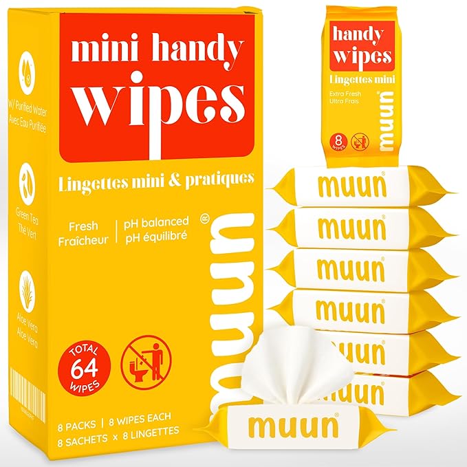 Mini Travel Wipes (8 packs, 8 wipes each) - Compact Wet Wipes for Hands and Face, Green Tea Scent, On The Go Wipes for Camping & Travel, Skin-Friendly for Adults, Total 64 Ct.