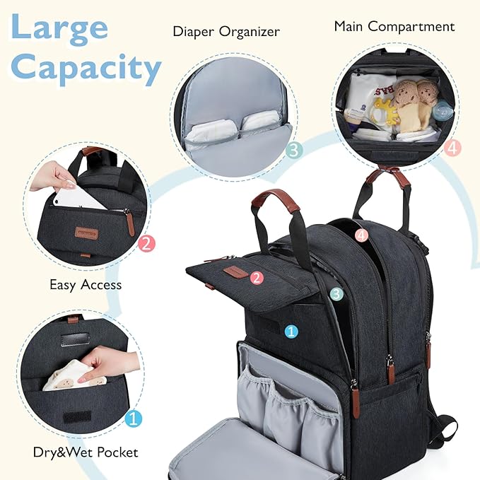 mommore Diaper Bag Backpack, Large Diaper Bag Expandable for 2 Kids/Twins, Durable Baby Bag with Changing Pad, Water Resistant Travel Diaper Backpack for Mom Dad