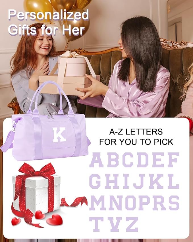 Daughter Niece Gifts for Teen Girl Kids, Initial Travel Duffel Bag Sports Gym Bag Personalized Gifts Weekender Bag，Monogram Overnight Bag Cute Dance Bag Birthday Bridesmaid Gifts for Women(Purple, K)