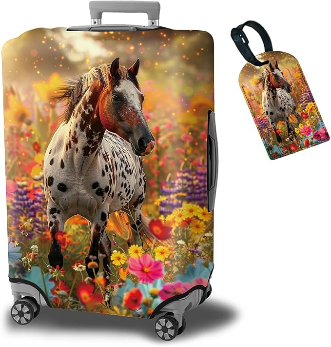 Luggage Cover + Tag, Spotted Horse Garden Travel Suitcase Protector for 24 inch Luggage (M) with Concealed Zipper, Washable Elastic Cloth, Dustproof, Anti-Scratch