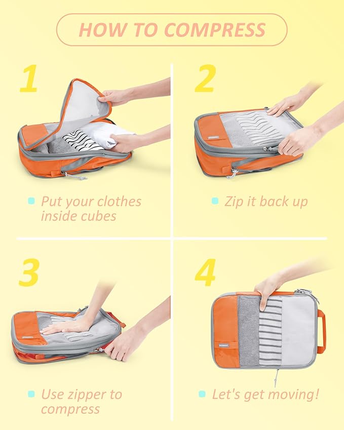 BAGSMART 6 Set Compression Packing Cubes - Lightweight Travel Essentials, Durable Luggage Organizer