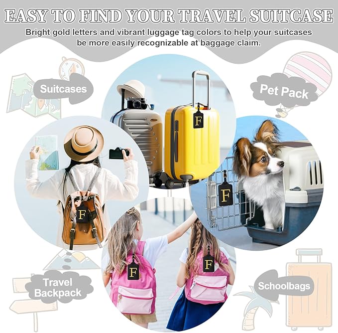 Personalized Initial Luggage Tags for Suitcase TSA Approved, Black Leather Cute Luggage Tag with Privacy Cover Name Card, Embroidered Custom Luggage Tags Travel Backpack Tags Gifts for Women Kids(F)