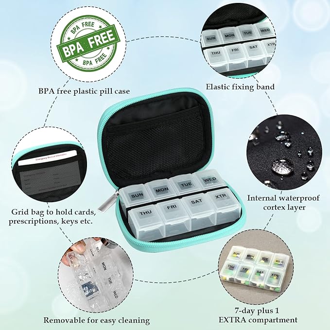 Serfeymi Weekly Travel Pill Organizer Pill Case for Purse with Removable 7 Day Pill Box, Fashionable Travel Medicine Organizer Pill Container for Medicine, Vitamin, Supplement - Green 01
