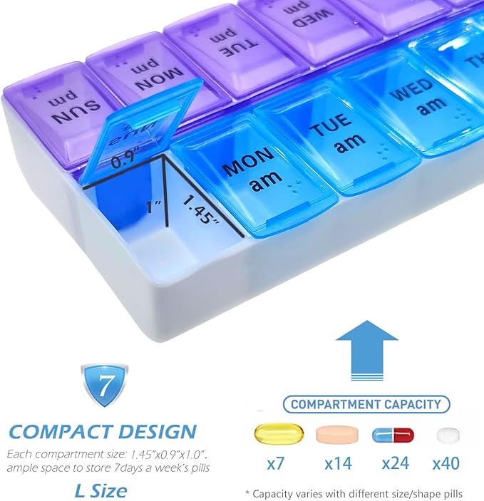 VOFOON Travel Pill Organizer 2 Times a Day, Large AM PM Pill Organizer 7 Day, PU Leather Daily Pill Box Case, Weekly Pill Medicine Organizer for Vitamins Medicine Fish Oils Supplements (L Size)