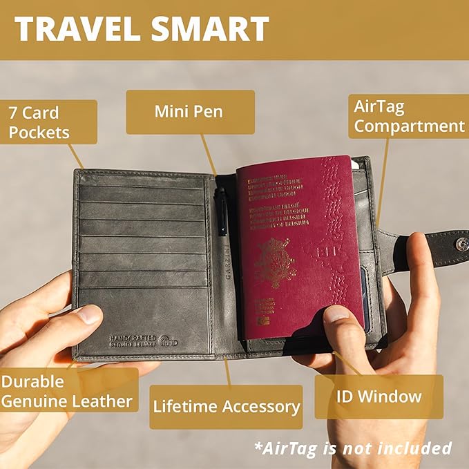 GARZINI Passport Holder with AirTag, Passport Wallet with RFID, Travel Accessories, Travel Document Holder with ID Window, Leather Passport Holder for 7 Cards, Brushed Cognac