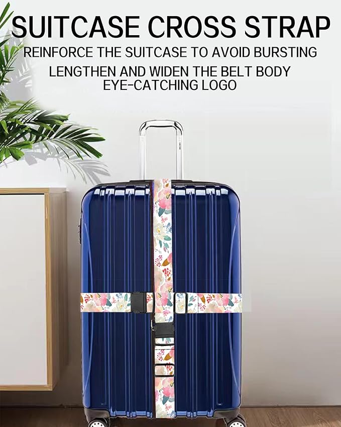 Luggage Straps for Suitcases, Adjustable Travel Belt, Durable Wide Luggage Strap, Cute Suitcase Strap Identifiers with Buckle, Bag Straps for Luggage, Cute Pink Flowers