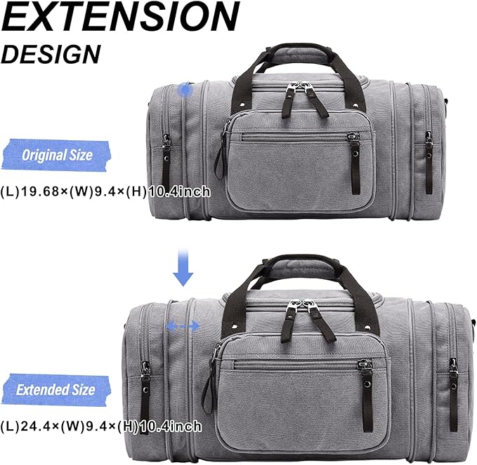 Felipe Varela Duffle Bag for Men, Expandable Canvas Duffel Bag for Travel, Mens Carry On Luggage Bags Traveling Weekender Gym Overnight Bags for Airplanes, Grey