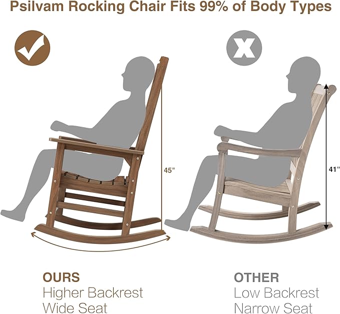 Psilvam Outdoor Rocking Chair Set of 2, Poly Lumber Oversized Rocking Chair with 21" Wide Seat and 32" Tall Backrest, Pre-Assembled with Most Components for Effortless Installation(Bright Brown)
