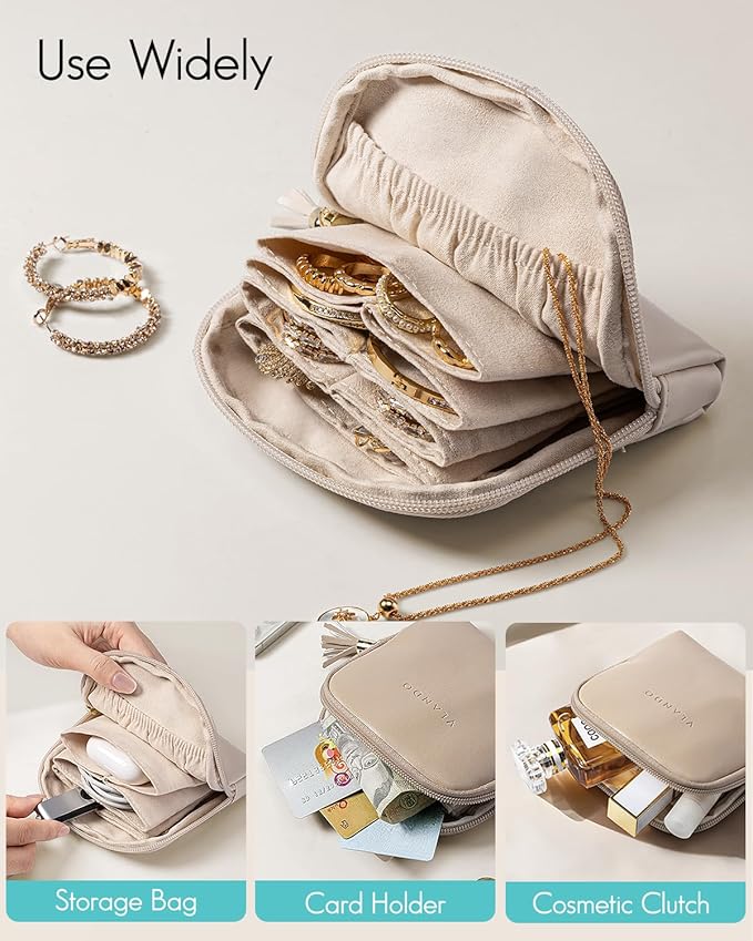 Vlando Small Travel Jewelry Organizer,Jewelry Pouch Bags,Velvet Jewelry Storage Bag for Bracelet Rings Earring,Portable Jewelry Travel Case for Traveler-Apricot Pink