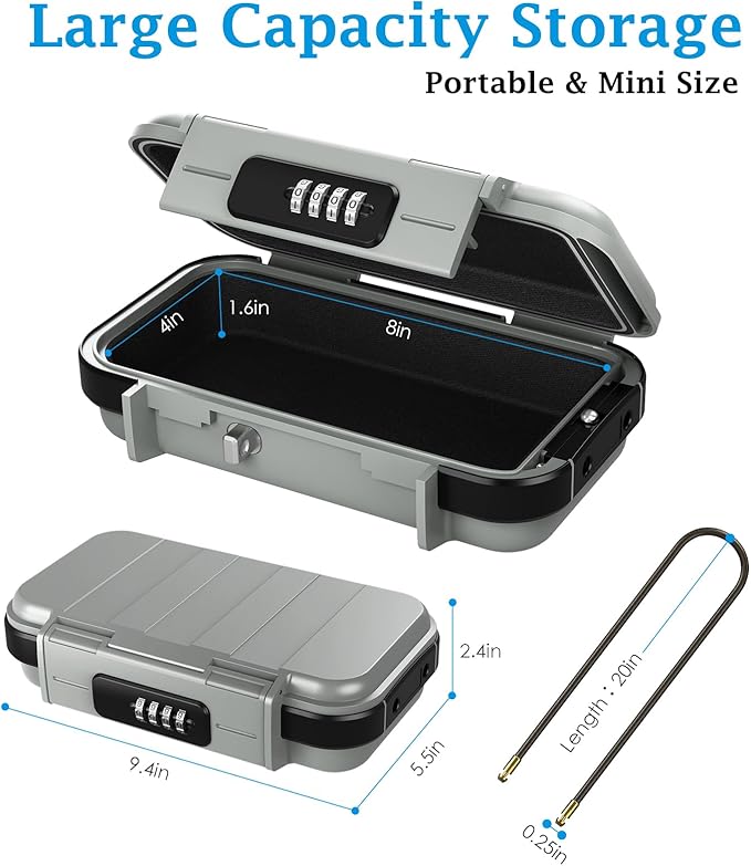 AMIR Portable Safe Box, Combination Security Case LockBox with Code, Waterproof Anti-Theft Mini Travel Safe Box with Removable Chain, Security Box for Home,Office, Grey