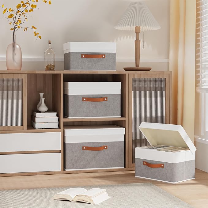 Fabric Storage Boxes with Lids, Linen Foldable Cloth Baskets, 17.7 x 11.8 x 11.8 Inch Closet Organizer Containers with Double Handles, Sweater Bins for Bedroom, White and Grey, 1 Pack