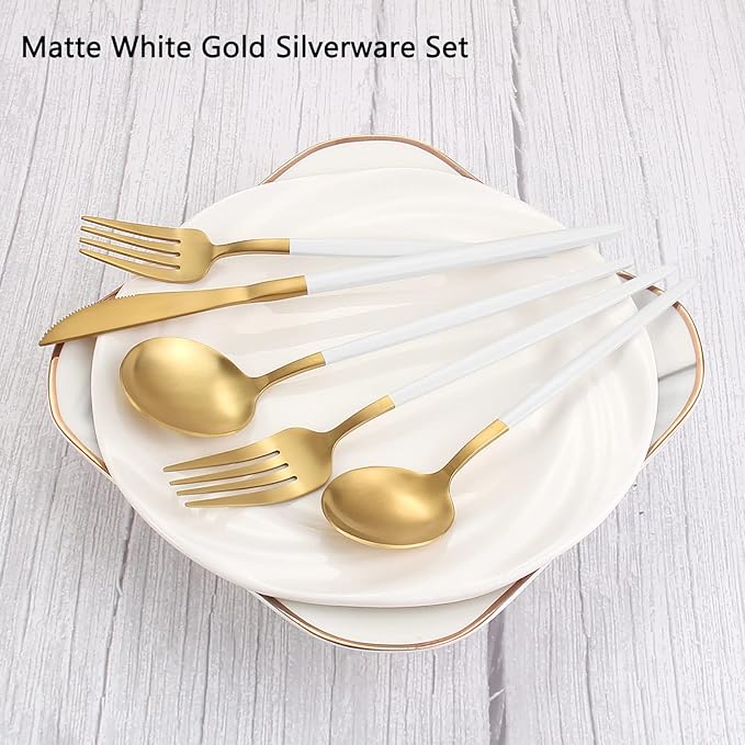 Matte White Gold Silverware Set, 20-Piece Stainless Steel Flatware Set, Satin Finish tableware Cutlery Set, Service for 4, Home and Restaurant, Dishwasher Safe