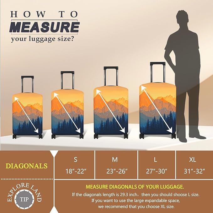 Explore Land Travel Luggage Cover Suitcase Protector Fits 31-32 Inch Case (Amber Mountains, XL)