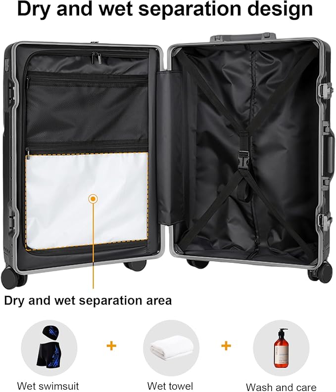 Zipperless Luggage, Polycarbonate Aluminum Hard Shell, Expandable Carry-On Suitcase with Spinner Wheels, Hard Shell Suitcase, 24 Inch Cabin