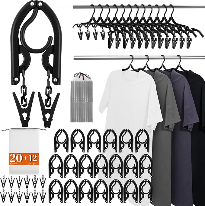 20 Pack Foldable Travel Hangers with 12 Clips - 2025 Cruise Essentials, Portable Collapsible Plastic Hangers-Travel Must Haves for Suitcase, Hotel, RV, Road Trip, Flying, Camping | Black
