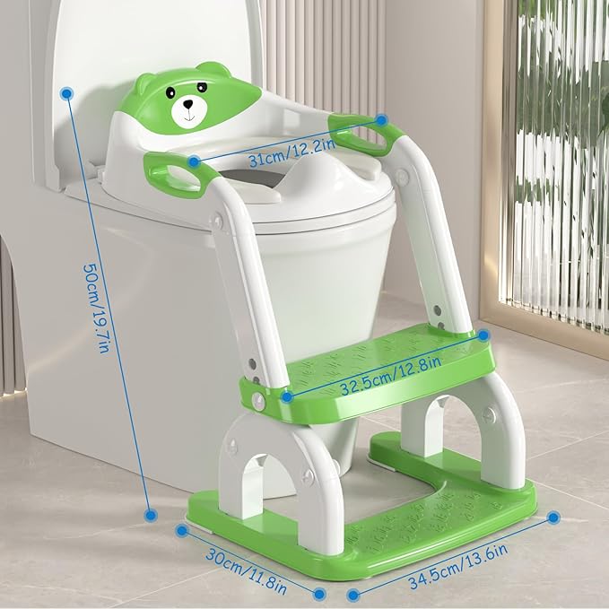 Potty Training Seat for Toddlers - Upgrade 2-in-1 Toilet Seat Toilet Ladder for Kids Children Boys Girls, Anti-Slip Pad & Adjustable Height with Waterproof PVC Cushion - Green