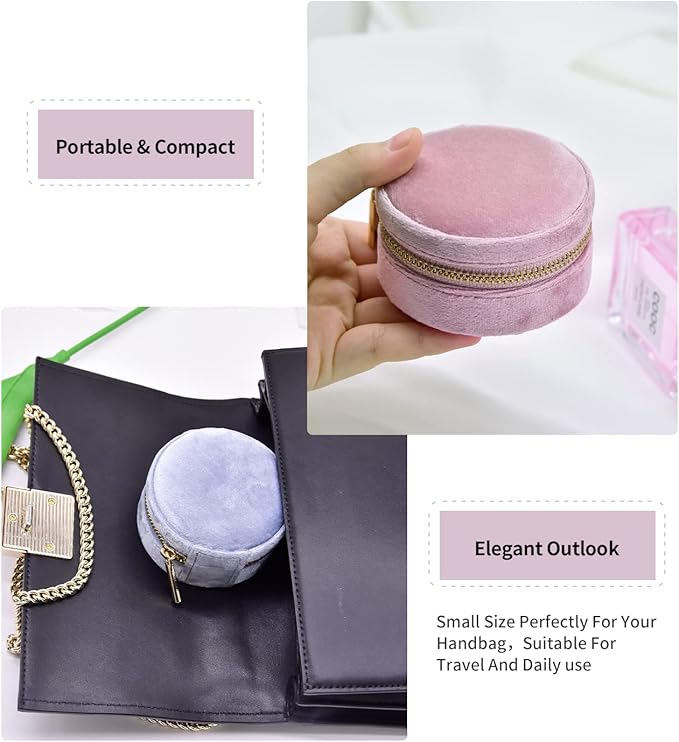 TAIMY Small Jewelry Travel Case, Round Mini Travel Jewelry Box for Women Girls, Portable Mini Jewelry Travel Organizer Boxes for Rings Earrings Necklaces Bracelets(Pink Lavender)