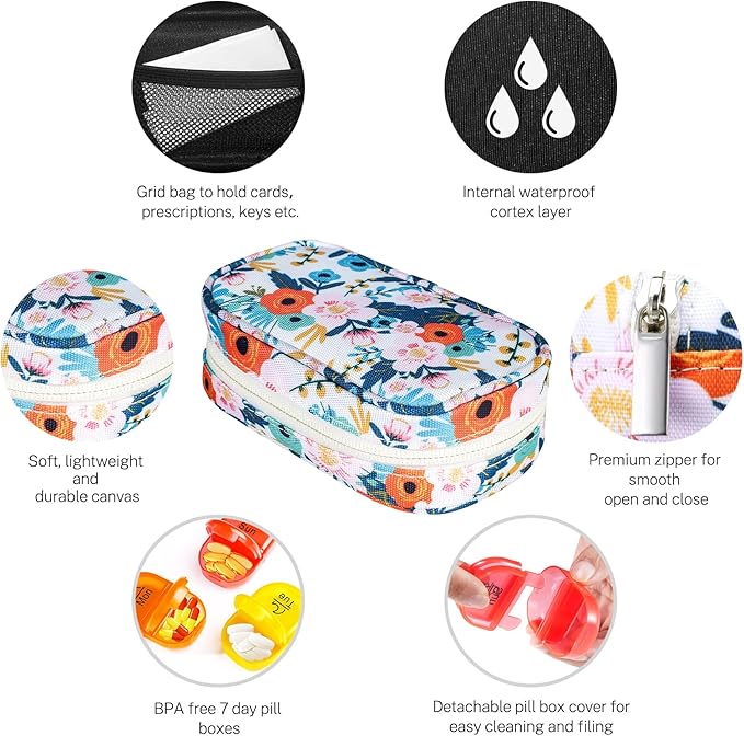 Serfeymi Weekly Travel Pill Organizer 2 Times A Day AM PM Upgraded Rainbow Pill Box 7 Day with Portable Zipper Canvas Pill Case, Medicine Organizer for Pills, Vitamins, Fish Oils - Bloom 01
