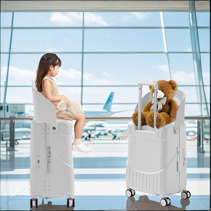 TABU 20" Ride-on Luggage with Seat，Front Opening Carry-On Hardshell Ride On Suitcase with Built-in Charging Port, 360° Lockable Spinner and TSA Lock, for Kids & Adults, White