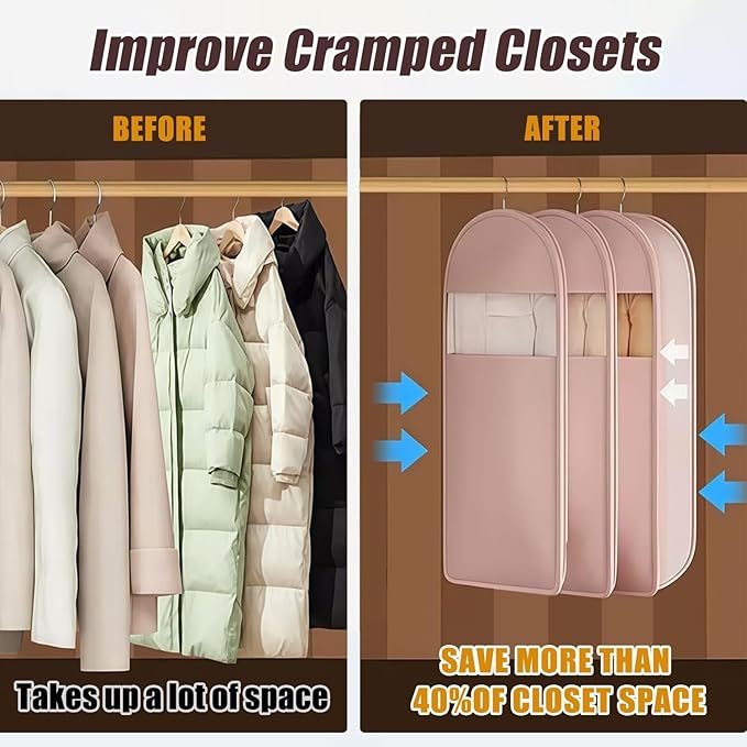 Space Saving Hanging Garment Bag with Self Compression Zipper, Space-Saving Dust-Proof Down Jacket Compression Storage Bag for Coats Blankets, Sweaters, Seasonal Clothes(Beige, XL)