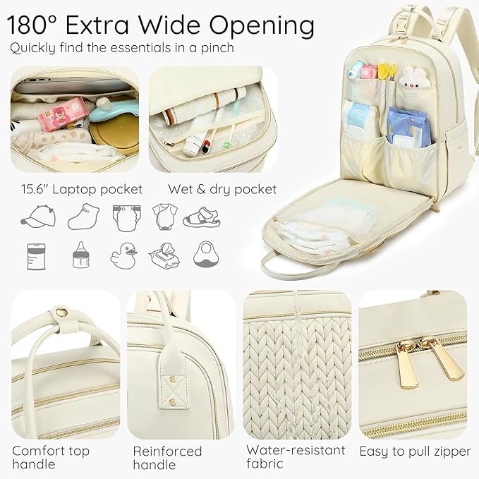 Diaper Bag Backpack - Large Multi functional, Boys, Girls & Baby Travel Essentials Tote with Changing Pad, Insulated Pockets, Stroller Straps, Waterproof - Baby Backpack for Mom & Maternity (Beige)
