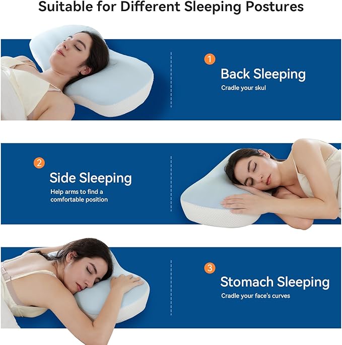 Cervical Pillow for Neck and Shoulder Support, Memory Foam Ergonomic Contour Orthopedic Bed Pillows with Adjustable Height & Breathable Pillowcase for Side, Back, Stomach Sleepers(Blue)
