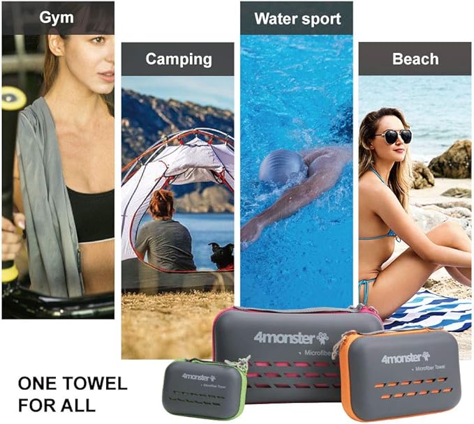 4Monster Camping Towel Super Absorbent, Quick Dry Microfiber Travel Towel, Light Weight Ultra Soft Compact Gym Towel for Hiking Swimming Beach Yoga Travel Sports Backpack