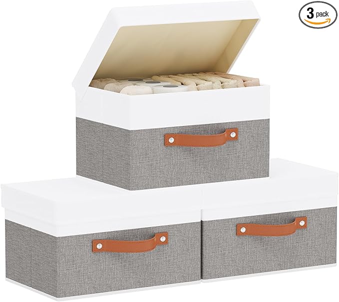 Fabric Storage Boxes with Lids, Linen Foldable Cloth Baskets, Closet Organizer Containers with Double Handles, Sweater Bins for Bedroom, White and Grey, 3 Pack, 13 x 9.1 x 7.9 Inch