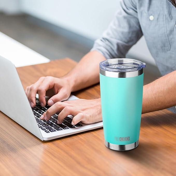 20oz Tumbler with Straw and Brush, Stainless Steel Vacuum Insulated tumbler, Double Wall Insulated Coffee Tumbler for Outdoor, Home, Travel,Office (Light green，4pcs)