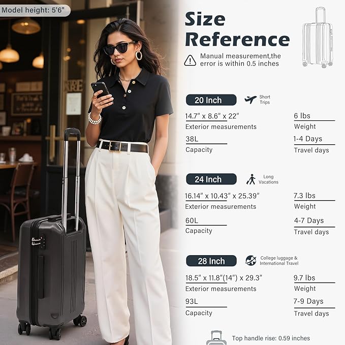 Coolife Luggage Suitcase PC+ABS with TSA Lock Spinner Carry on Hardshell Lightweight 20in 24in 28in(white, S(20in_carry on))