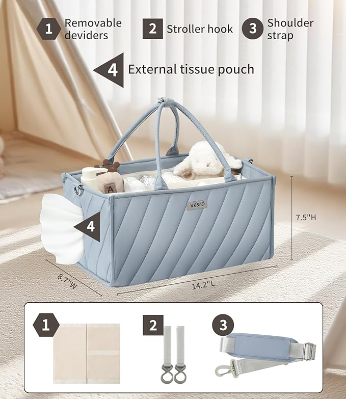 Baby Diaper Caddy with Tissue Pocket, Multi-Function Caddy Organizer with Shoulder Strap & Stroller Clips – Durable Organizer Bags for Nursery, Travel & Car, Baby Essentials Changing Table