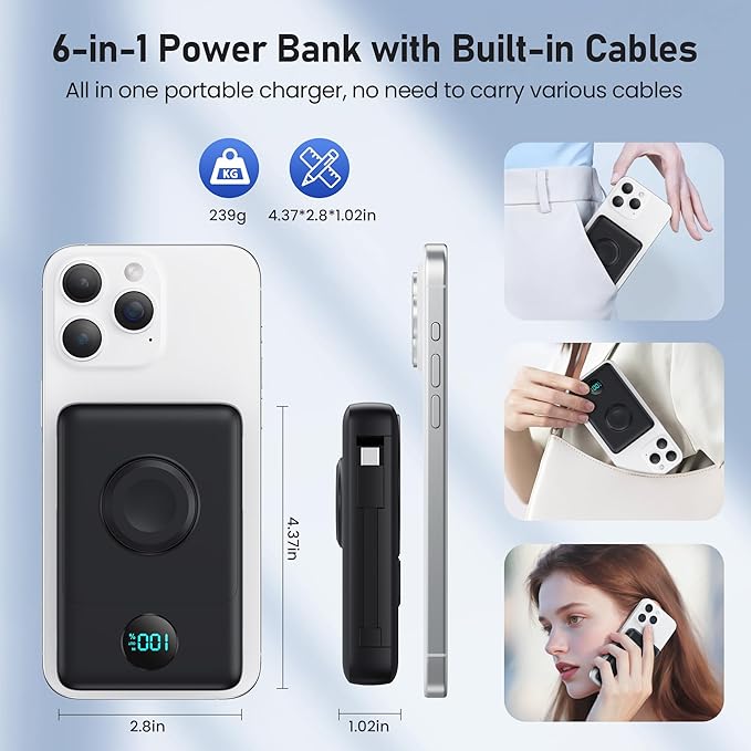 Magnetic Portable Charger for iPhone with Built-in Cables, 6-in-1 10800mAh Power Bank with iWatch Charger & LCD Display,25W PD Fast Charging Battery Pack for Magsafe,iPhone 16/15/14/13/12,Apple Watch