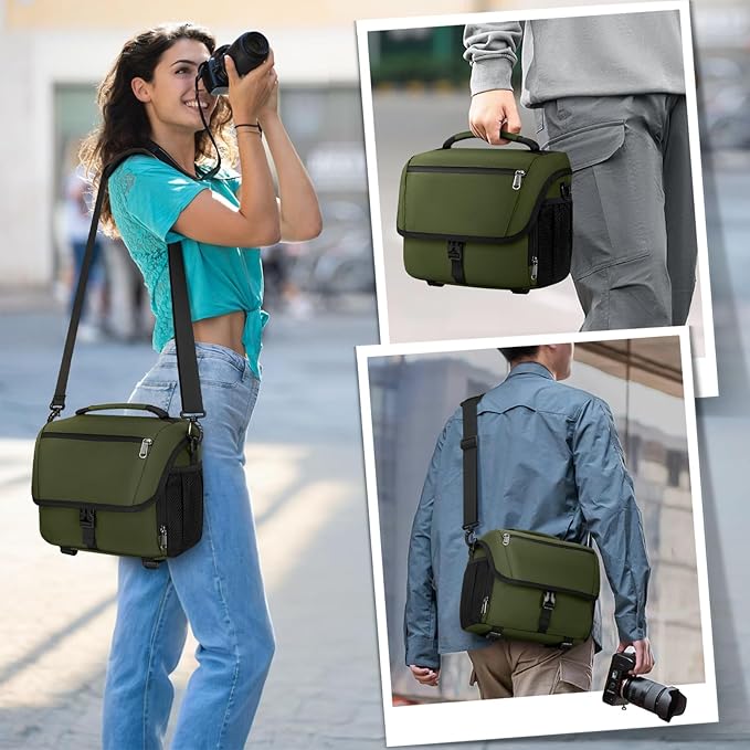RAINSMORE Camera Bag, DSLR/SLR/Mirrorless Camera Case with Tripod Holder Waterproof Camera Sling Bag Crossbody Camera Bags for Photographers with Rain Cover for Canon/Nikon/Sony/Fuji, Green