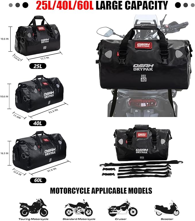 Waterproof Duffel& Luggage Bag - Motorcycle Dry Bag Tail Saddle Bags with Roll Top Closure,Large Storage Space,for Camping, Kayaking, Fishing & Traveling(Black, 40L)