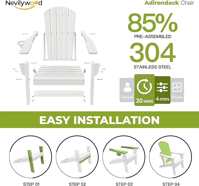 Folding Adirondack Chair, Ergonomic Extended Backrest, HDPE All-Weather, 380lbs Capacity, Maintenance-Free, Cup Holder, （White）- Outdoor Patio & Firepit Chair