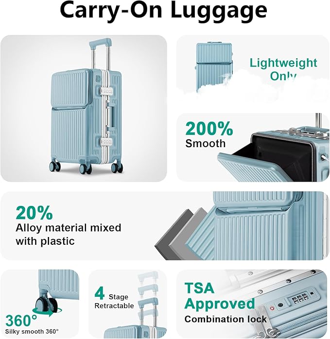 Hard Shell Luggage 20 Inch Travel Luggage, 22x14x9 Airline Approved with TSA Lock, PC+ABS Aluminum Frame, Lightweight Travel Luggage 20'' 24'' 26''Carry-On (upgraded blue, 20 inch)