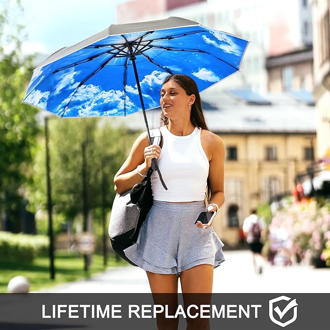 G4Free 42 Inch Eco Windproof Folding Umbrella for Rain & Sun 9 Ribs Wind Resistant Strong Fiberglass Double Canopy with Reflective Strip for Women Men Auto Open Close For Car & Backpack