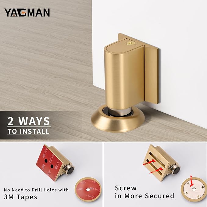 3 Pack Magnetic Door Stoppers Retractable Bottom of Door Holder No Drilling Mount Floor Door Stop with Screws and Adhesive Catch Door Keep Door Open Brushed Gold BG-3
