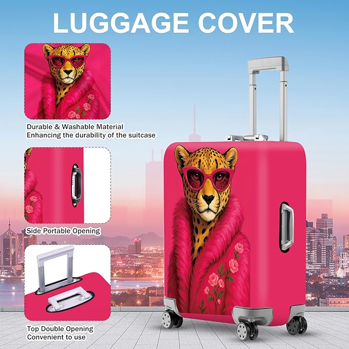 ANNA QUEEN Fashionable Leopard Luggage Cover, Leopard in Pink Coat and Sunglasses, Stretchable, Washable Travel Sleeve for 32-34 Inch Luggage