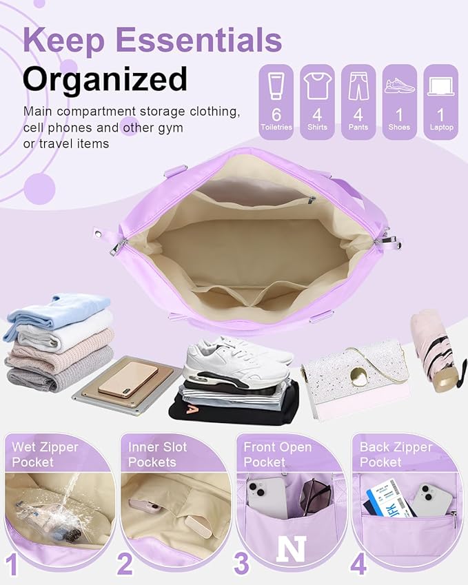 Daughter Niece Gifts for Teen Girl Kids, Initial Travel Duffel Bag Sports Gym Bag Personalized Gifts Weekender Bag，Monogram Overnight Bag Cute Dance Bag Birthday Bridesmaid Gifts for Women(Purple, N)