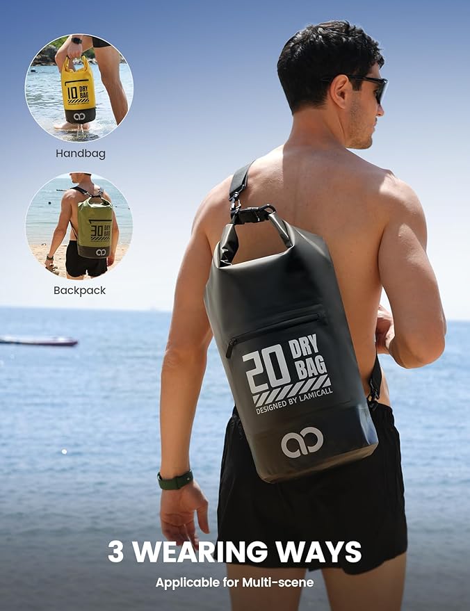 Lamicall Dry Bag Waterproof Backpack - [Zippered Pocket] 5L/10L/20L/30L/40L Roll Top Waterproof Bag with Water Proof Phone Pouch, Floatable Drybag for Swimming, Boating, Kayaking, Camping, Beach