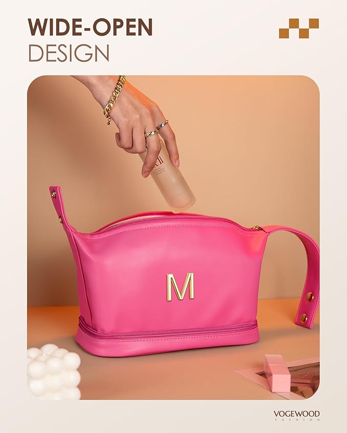 Gifts for Women 30s, Personalized Makeup Bag with Handle, Initial Double Layer Cosmetic Bag with Makeup Brush Organizer, Cute Cosmetic Pouch for Women, Gifts for Friends Granddaughter