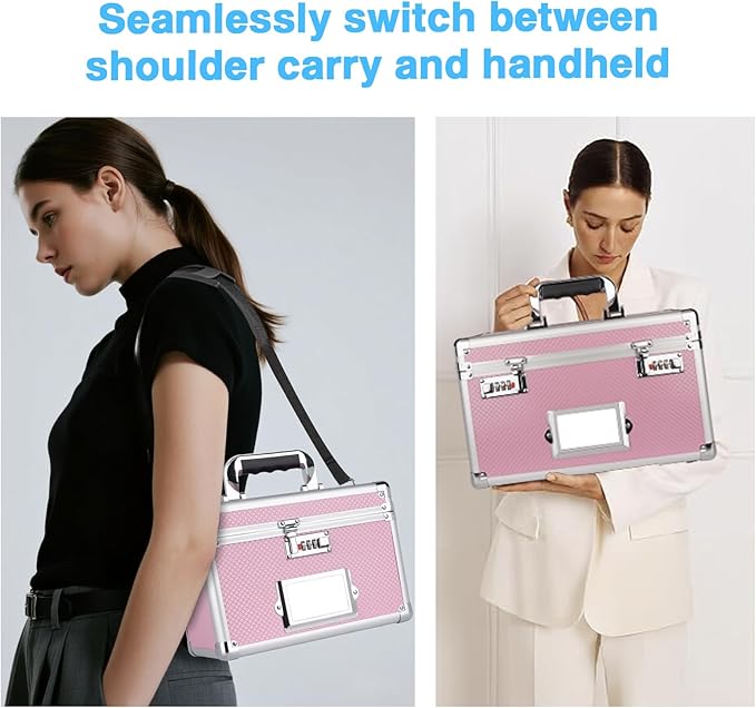 13.4 x 8 x 8.7 Inch Lockable Storage Box with Combination Lock, Portable Safe for Documents, Medicine, Cash & Valuables, Medicine Lock Box with Label Slot for Home, Office & Travel - Pink