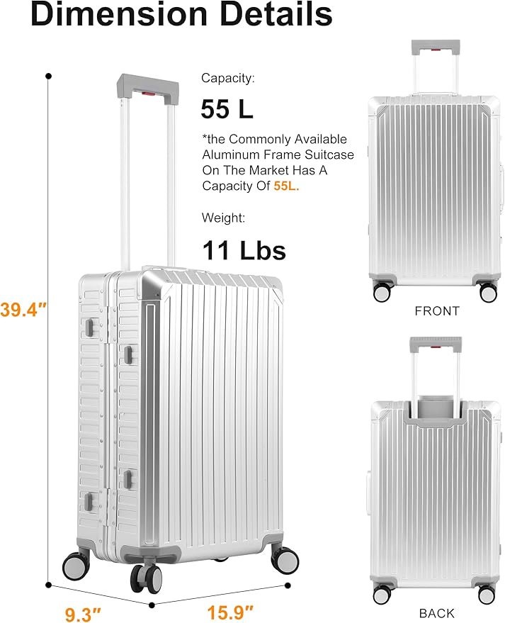 Mvst Luggage Premium All Aluminum Magnesium Carry On 20'' Lightweight Metal,Suitcase with Spinner Wheels Built-in Toiletry Set, Luggage Protector（silvery） (Silver, 20inch)