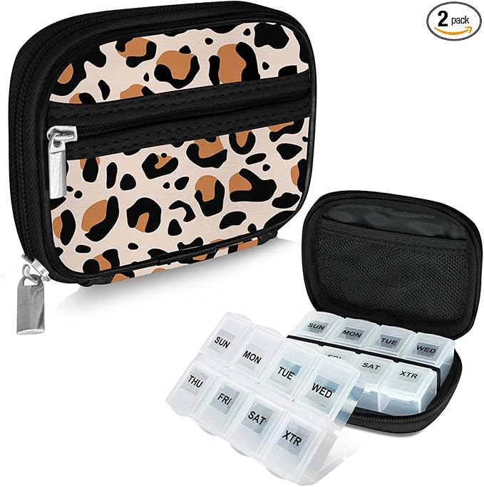 Serfeymi Weekly Travel Pill Organizer Pill Case for Purse with Removable 7 Day Pill Box, Fashionable Travel Medicine Organizer Pill Container for Medicine, Vitamin, Supplement - Brown 02 + Pill Box
