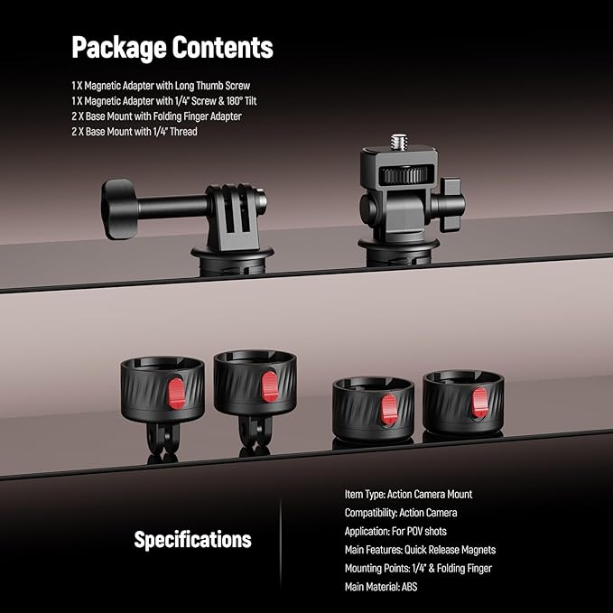 NEEWER Magnetic Action Camera Mount Kit, Compatible with GoPro Hero 13 12 11 Max DJI Osmo Action Insta360, ABS Magnetic Quick Release Mount for POV Shots, GP-24