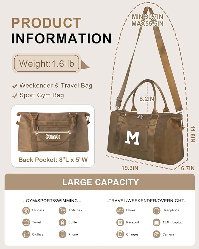 Birthday Graduation Gifts for Daughter,Initial Travel Duffel Bag Sports Gym Bag for Girls Teen Kids Birthday Gifts,Personalized Weekender Bag Carry On Tote Bags Cute Overnight Bag for Women(Brown, M)