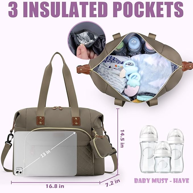 Tuwubi Diaper Bag Tote,Baby Diaper Bag with Pacifier Case Large Travel Diaper Tote Caddy for Mom and Dad Multifunction Large Baby Bag - Khaki